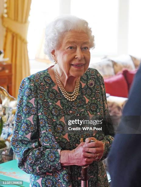 Queen Elizabeth II speaks during an audience at Windsor Castle when she met the incoming and outgoing Defence Service Secretaries at Windsor Castle...