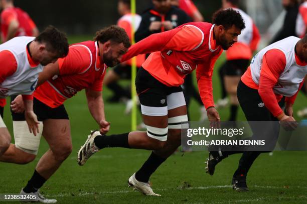 England's flanker Courtney Lawes takes part in a training session of England's rugby team at the Latymer Sports Ground, in west London, on February...