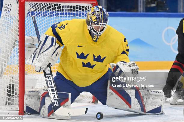 Lars Johansson of Sweden in action at the men's ice hockey playoff qualifications match between Sweden and Canada during the Beijing 2022 Winter...