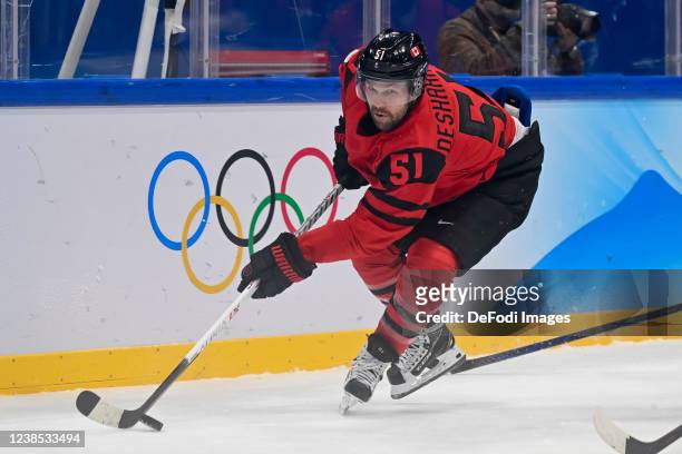 David Desharnais of Canada in action at the men's ice hockey group A preliminary round match between Canada and USA during the Beijing 2022 Winter...