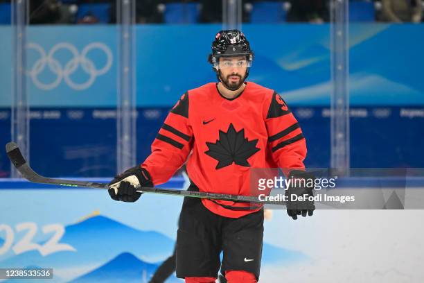 Corban Knight of Canada looks on at the men's ice hockey group A preliminary round match between Canada and USA during the Beijing 2022 Winter...