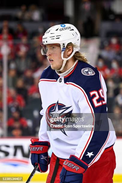 Columbus Blue Jackets Right Wing Patrik Laine looks on during the second period of an NHL game where the Calgary Flames hosted the Columbus Blue...