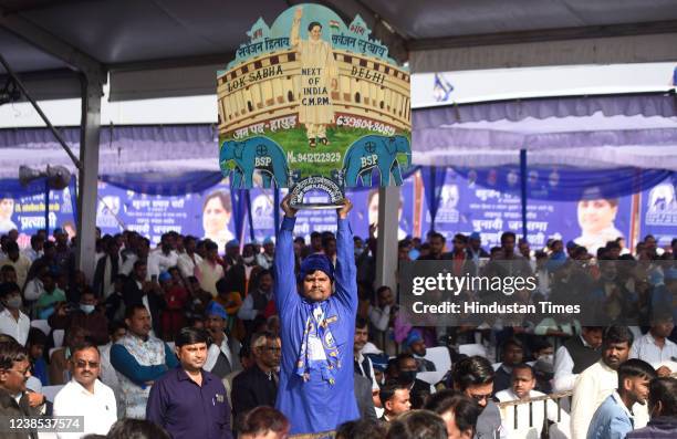 Supporters attend election campaign rally of Bahujan Samaj Party President Mayawati for Uttar Pradesh assembly election campaign on February 16, 2022...