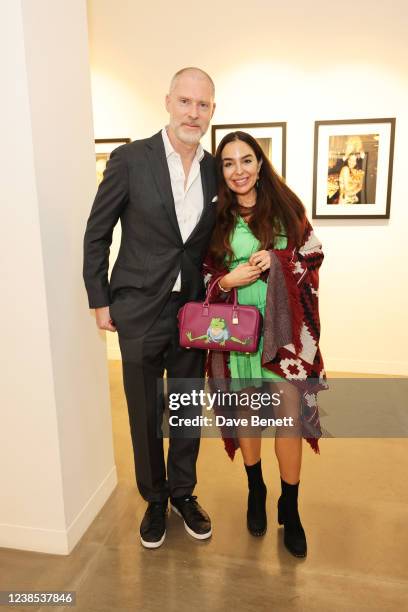 Founder of JD Malat Gallery Jean-David Malat and Leyla Aliyeva attend a private view of photographer Dave Benett's new exhibition "Great Shot, Kid"...