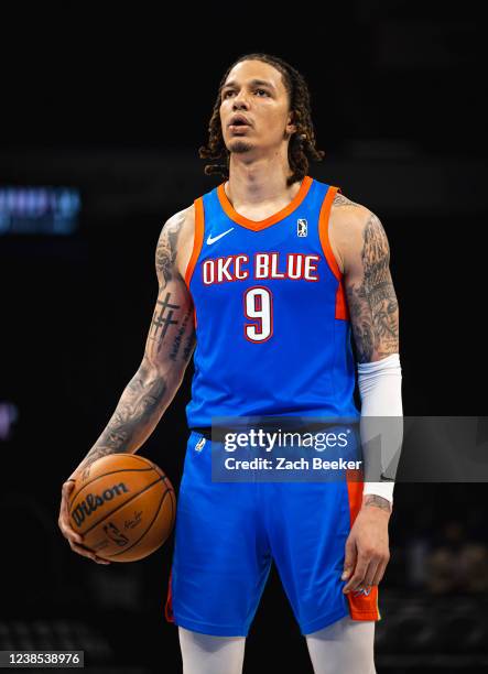 Wilson of the Oklahoma City Blue shoots a free-throw against the Birmingham Squadron on February 16, 2022 at the Paycom Center in Oklahoma City, OK....