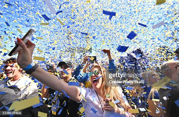 Los Angeles, California February 16, 2022: Rams fans celebrate the Super Bowl Championship during a parade in front of the Coliseum Wednesday.