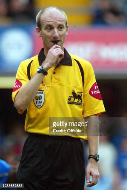 Premiership Football, Chelsea v Blackburn Rovers, Referee Mike Riley blows his whistle.