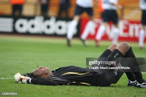 Football World Cup Group B, England v Trinidad & Tobago, Shaka Hislop of Trinidad & Tobago lies dejected after England get a 2nd goal.