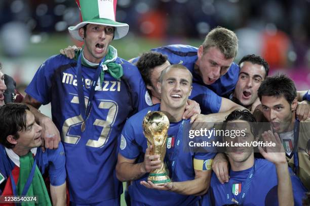 Football World Cup Final, Italy v France, Fabio Cannavaro of Italy and his Italian colleagues celebrate with the trophy.