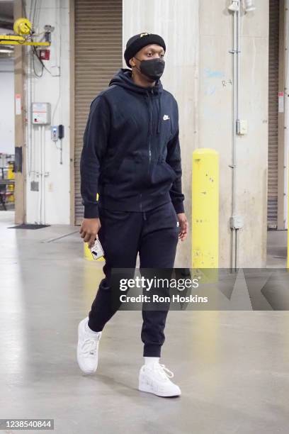 Cassius Winston of the Washington Wizards arrives to the arena prior to the game against the Indiana Pacers on February 16, 2022 at Gainbridge...