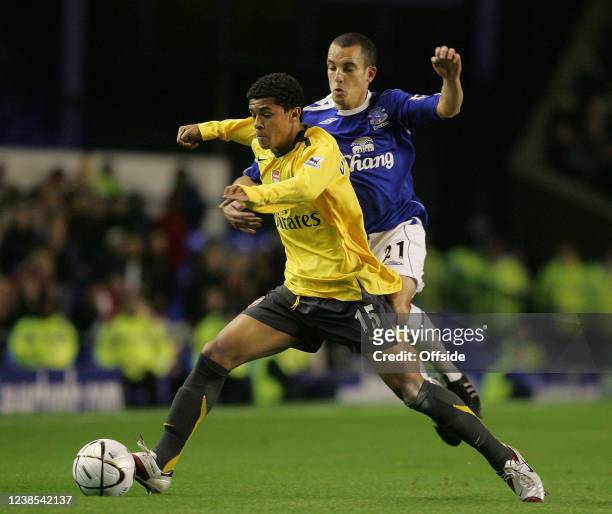 Carling Cup Football - Everton v Arsenal, Denilson of Arsenal is challenged by Leon Osman of Everton.