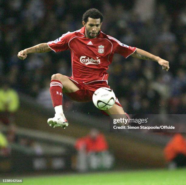 Carling Cup 3rd Round, Liverpool v Reading, Jermaine Pennant of Liverpool leaps to control the ball.