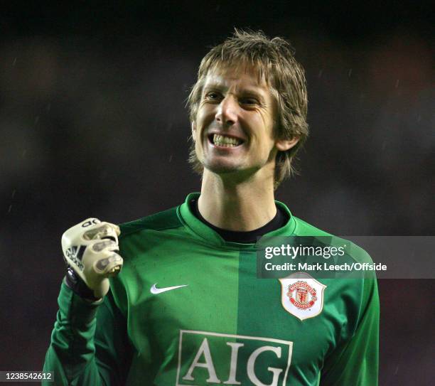 Champions League Football, Manchester United v Benfica, United goalkeeper Edwin Van Der Sar of Manchester United celebrates.