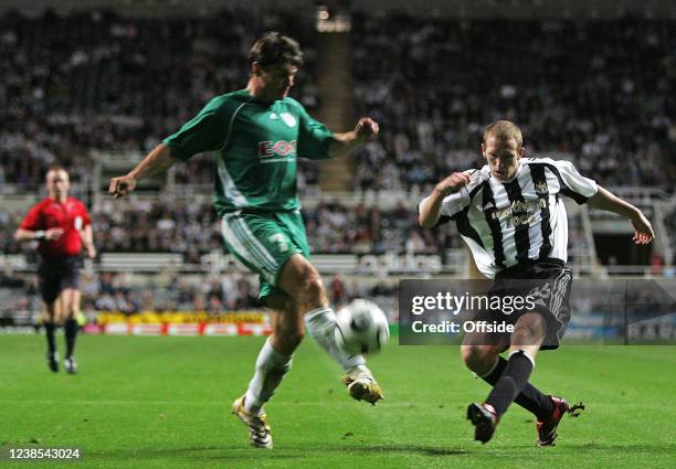 Cup Football - Newcastle United v Levadia Tallinn, Peter Ramage of Newcastle Utd shoots the ball under pressure from Tihhon Sisov of Levadia Tallinn.