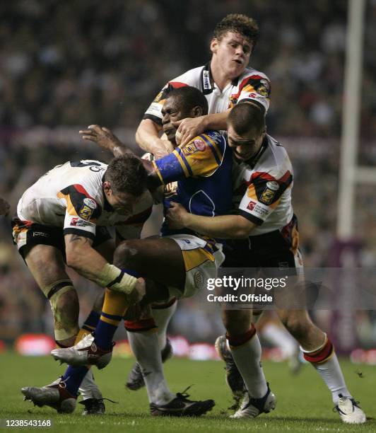 Engage Super League Grand Final - Leeds Rhinos v Bradford Bulls, Leeds Rhinos player Marcus Bai is brought down by a Bradford Bulls trio.