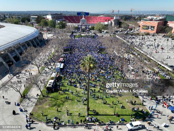 Los Angeles, CA An aerial view of crowds celebrating the Los Angeles Rams Super Bowl Championship parade and rally, held in partnership with the City...