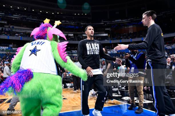 Jalen Suggs of the Orlando Magic walks on to the court prior to the game against the Atlanta Hawks on February 16, 2022 at Amway Center in Orlando,...