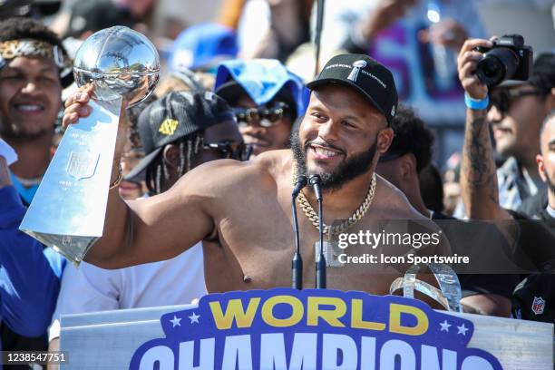 Los Angeles Rams defensive end Aaron Donald during the Los Angeles Rams Super Bowl LVI Championship parade on February 16 at the Los Angeles Memorial...