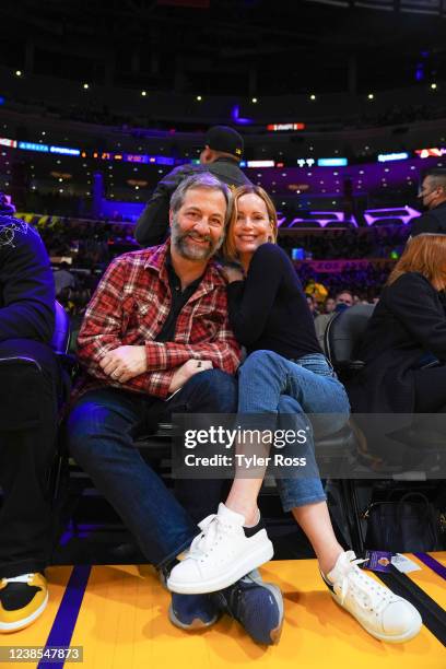 Actress, Leslie Mann and Filmmaker, Judd Apatow attend a game between the Utah Jazz and Los Angeles Lakers on February 16, 2022 at Crypto.Com Arena...