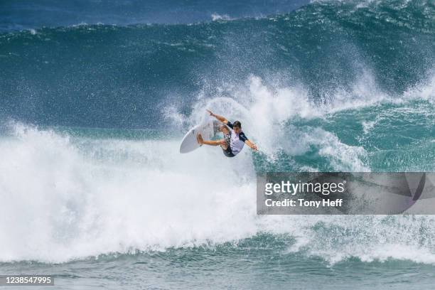 Callum Robson of Australia surfs in Heat 14 of the Round of 32 at the Hurley Pro Sunset Beach on February 16, 2022 in Haleiwa, Hawaii.