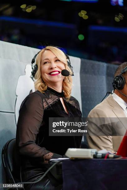 Analyst, Doris Burke smiles before the game between the Utah Jazz and Los Angeles Lakers on February 16, 2022 at Crypto.Com Arena in Los Angeles,...