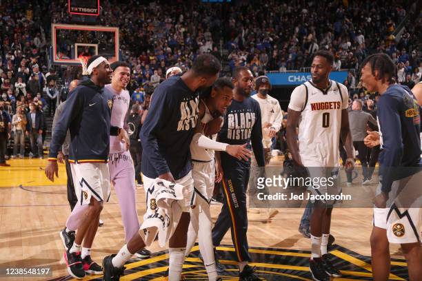 Monte Morris of the Denver Nuggets celebrates a game-winning basket after the game Golden State Warriors on February 16, 2022 at Chase Center in San...