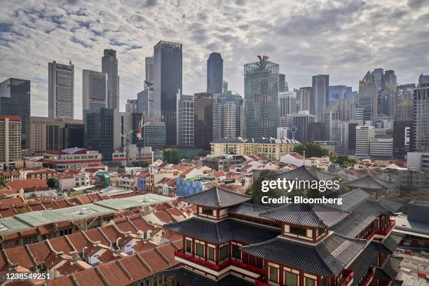 Buildings in the business district in Singapore, on Thursday, Feb. 17, 2022. Singapore is expected to announce tax increases in its budget Friday as...