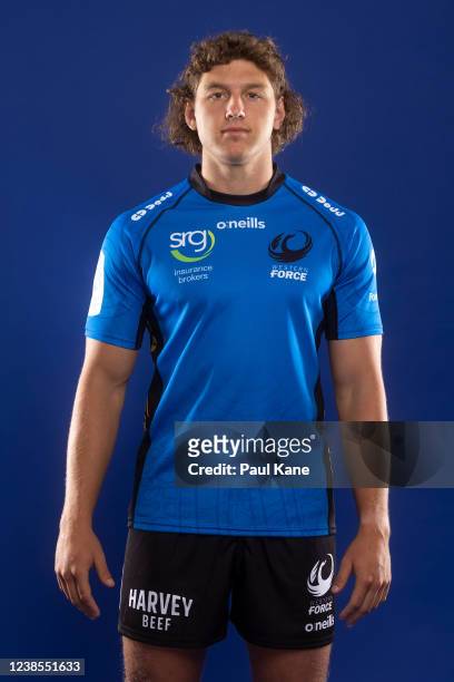 Bayley Kuenzle poses during the Western Force Super Rugby 2022 headshots session at WA Athletics Stadium on December 08, 2021 in Perth, Australia.