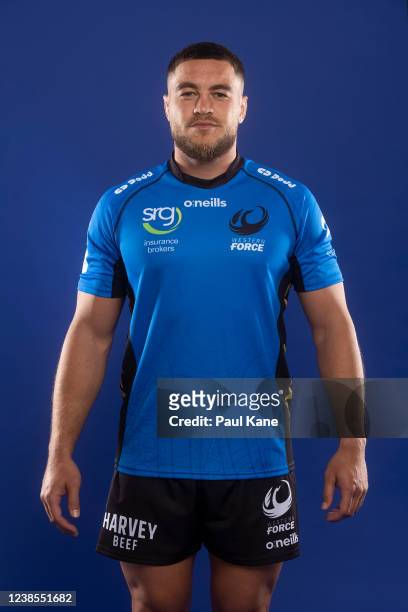 Kane Koteka poses during the Western Force Super Rugby 2022 headshots session at WA Athletics Stadium on December 08, 2021 in Perth, Australia.