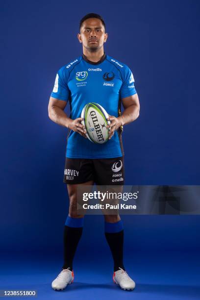 Toni Pulu poses during the Western Force Super Rugby 2022 headshots session at WA Athletics Stadium on December 08, 2021 in Perth, Australia.