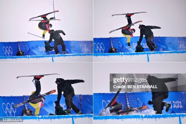 This combination of pictures shows Finland's Jon Sallinen crashing into a cameraperson as he competes in the freestyle skiing men's freeski halfpipe...