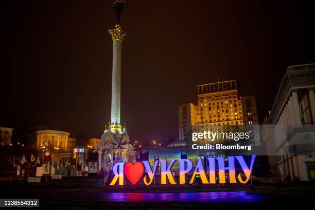 An 'I Love Ukraine' sign at Independence Square during a 'Day of Unity' in Kyiv, Ukraine, on Wednesday, Feb. 16, 2022. North Atlantic Treaty...