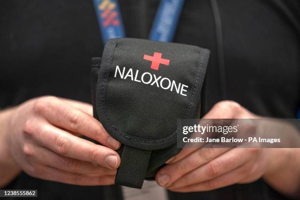 Belt pouch that contains naloxone nasal spray that all police officers across Scotland will carry and be instructed in the use. Naloxone is a drug...