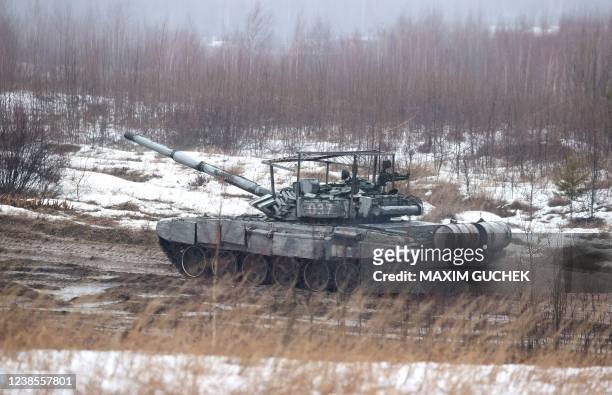 Tank moves along a field during joint exercises of the armed forces of Russia and Belarus as part of an inspection of the Union State's Response...