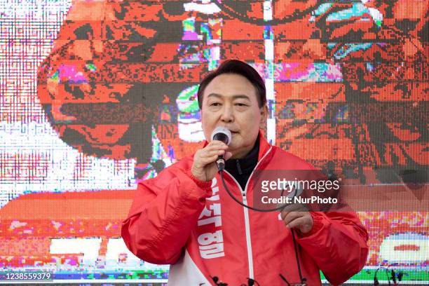 Yoon Suk-yeol, the presidential candidate of the main opposition People Power Party, address a speech during his presidential election campaign on...