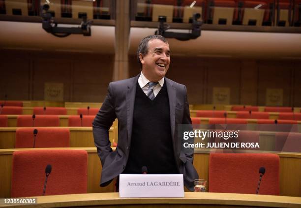 Arnaud Lagardere, CEO of the Lagardere group, arrives to take part in his hearing before the committee of enquiry into media concentration at the...