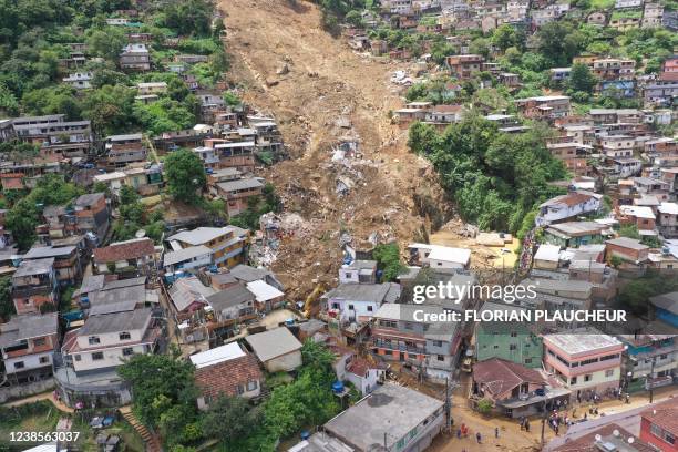 Aerial view after a mudslide in Petropolis, Brazil on February 17, 2022 during the second day of rescue operations. - Torrential rains and floods...