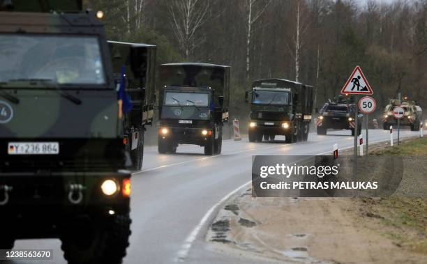 Vehicles of the German armed forces Bundeswehr from the Griffin barracks arrive at the NATO enhanced Forward Presence Battle Group Battalion in...