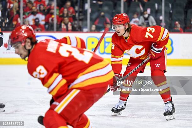 Calgary Flames Right Wing Tyler Toffoli gets set for a face-off by Calgary Flames Center Sean Monahan during the second period of an NHL game where...