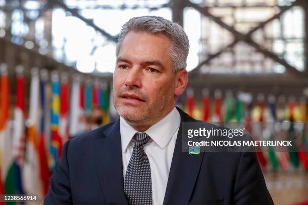 Austrian Federal Chancellor Karl Nehammer pictured at the arrival on the first day of an African - European EU summit meeting, Thursday 17 February...