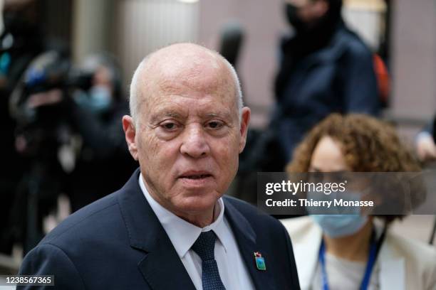 7th President of Tunisia Kais Saied arrives for an EU Africa Summit on February 17, 2022 in Brussels, Belgium. The leaders of the EU and the African...