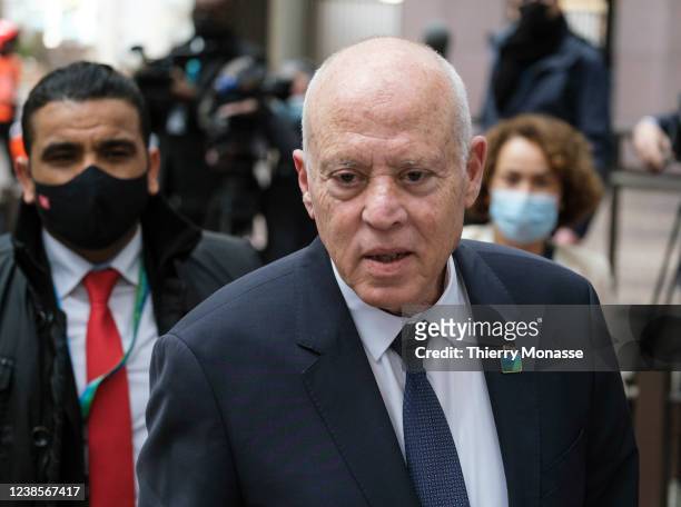 7th President of Tunisia Kais Saied arrives for an EU Africa Summit on February 17, 2022 in Brussels, Belgium. The leaders of the EU and the African...