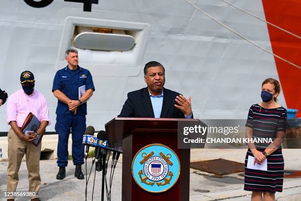 Director of the Office of National Drug Control Policy Rahul Gupta speaks to the media before the offload of approximately $1.06 Billion in cocaine,...