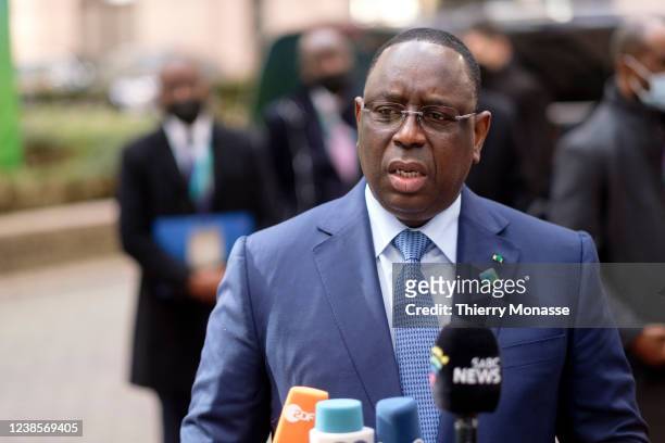 President of Senegal Macky Sall arrives for an EU Africa Summit on February 17, 2022 in Brussels, Belgium. The leaders of the EU and the African...