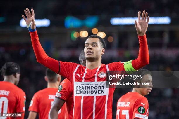 Cody Gakpoof PSV Eindhoven, Mauro Junior of PSV Eindhoven celebrates after scoring his teams 1:0 goal with team mates during the UEFA Europa...