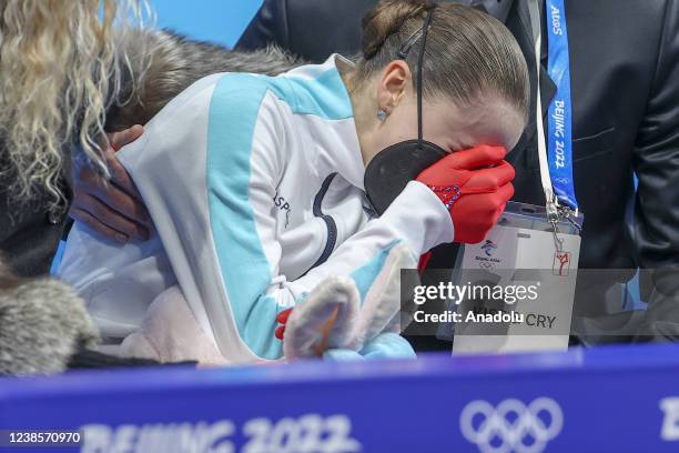 Kamila Valieva of ROC reacts to her score after the Women Single Skating Free Skating on day thirteen of the Beijing 2022 Winter Olympic Games at...