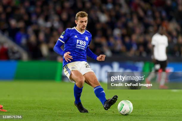 Kiernan Dewsbury-Hall of Leicester City controls the ball during the UEFA Europa Conference League Knockout Round Play-Offs Leg One match between...