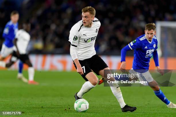 Mikkel Kallesoe of Randers FC controls the ball during the UEFA Europa Conference League Knockout Round Play-Offs Leg One match between Leicester...