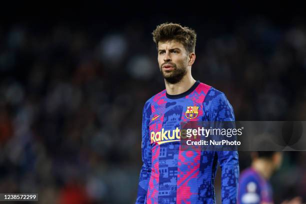 Gerard Pique of FC Barcelona during the Europa League first leg match between FC Barcelona and SSC Napoli at Camp Nou Stadium on February 17, 2022 in...