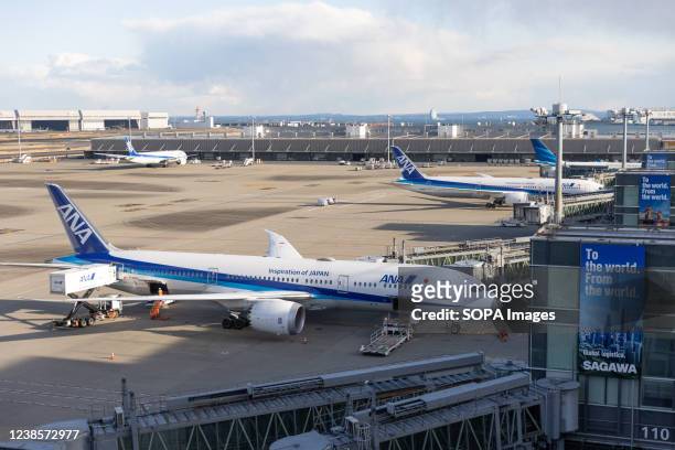 All Nippon Airways airplane is seen at Haneda Airport. Japans Prime Minister Fumio Kishida announced at his press Conference on February 17th 2022...
